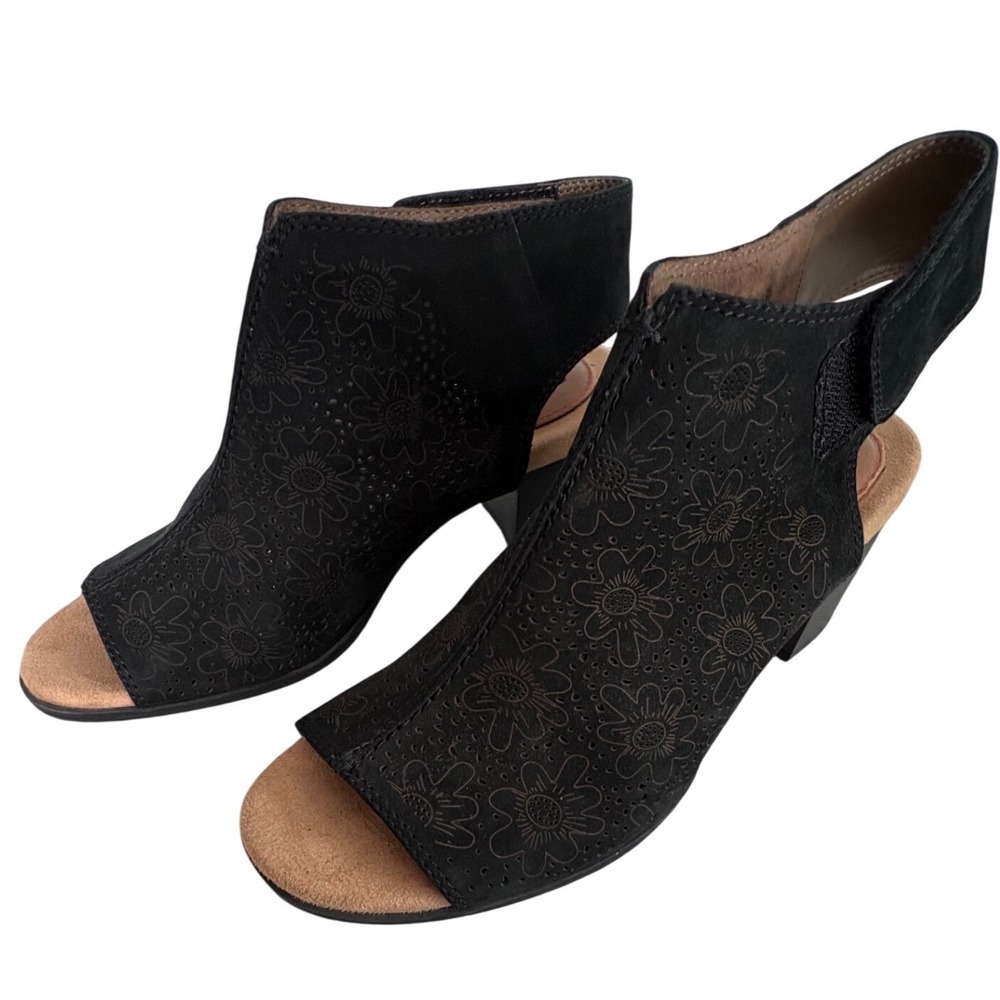 Rockport Cobb Hill Black Leather Floral Laser Cut Peep Toe‎ Sandals CDT02BK 7M